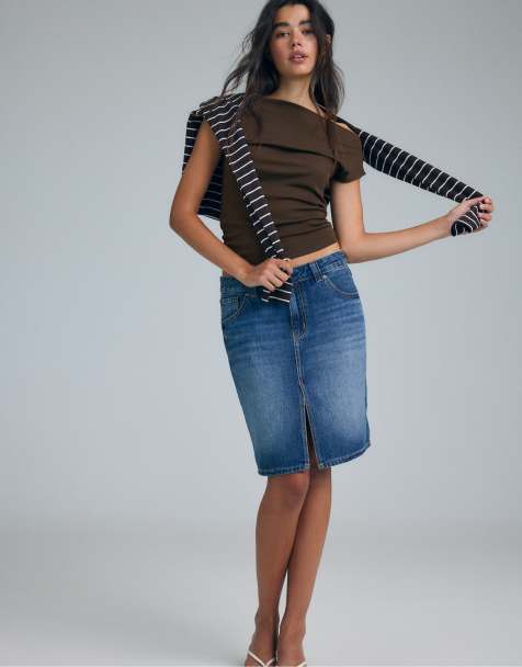 Stradivarius Denim midi skirt in medium denim wash - view 1