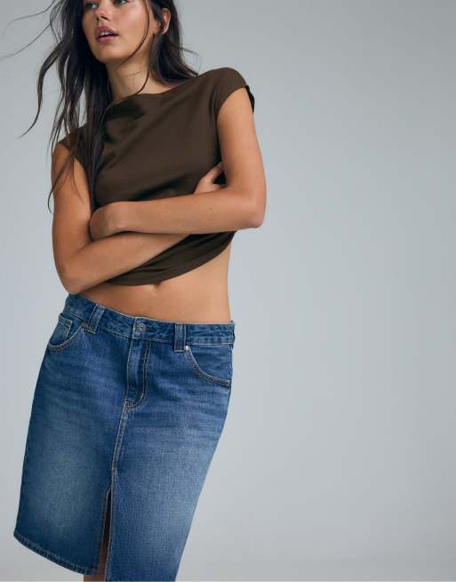 Stradivarius Denim midi skirt in medium denim wash, 2 of 7
