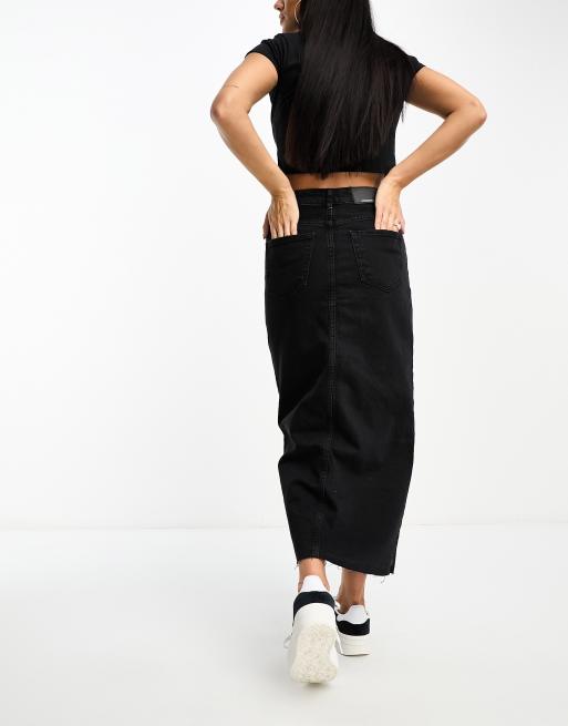 Stradivarius denim midi skirt with front split in black ASOS