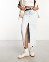 ASOS DESIGN denim midi skirt with split hem in midwash | ASOS