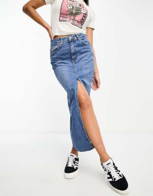 Stradivarius denim midi skirt with front split in midwash blue ASOS