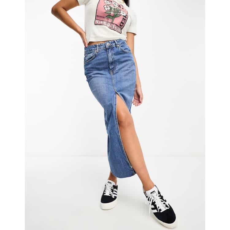 Perfect Stranger High Waist Split Denim Midi Skirt Ecru