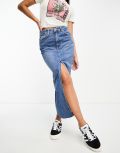 [Stradivarius] Stradivarius denim midi skirt with front split in midwash blue 8 BLUE