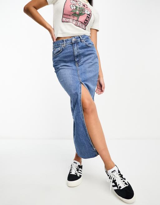 Stradivarius denim midi skirt with front split in midwash blue