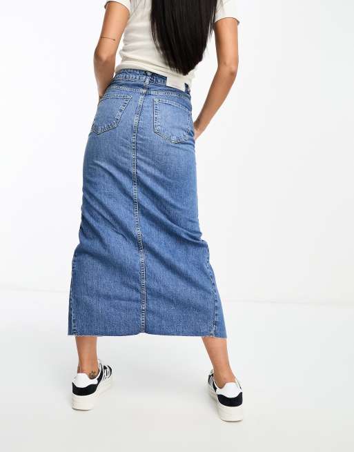 Stradivarius denim midi skirt with front split in midwash blue