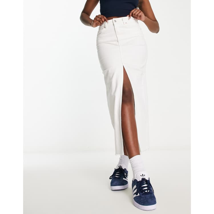 Stradivarius denim midi skirt with front split in white ASOS