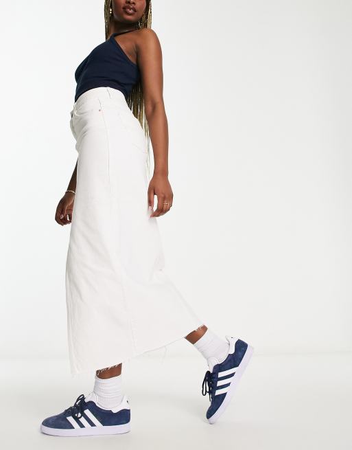 Stradivarius denim midi skirt with front split in white