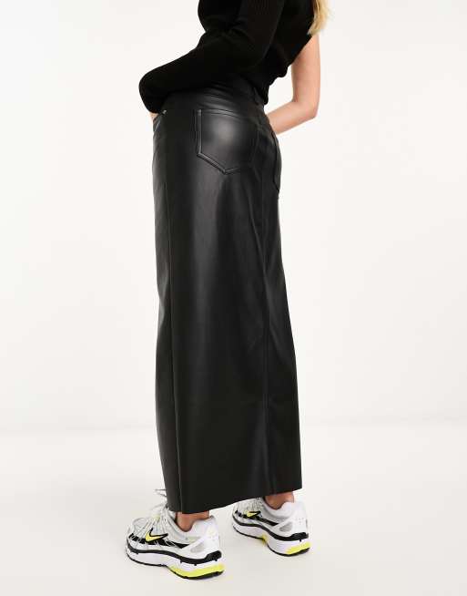 Stradivarius - Denim midirok met coating in zwart , 2 van 4