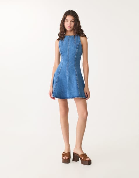 Stradivarius denim mini dress in mid blue - view 1