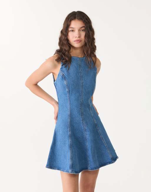 Stradivarius denim mini dress in mid blue