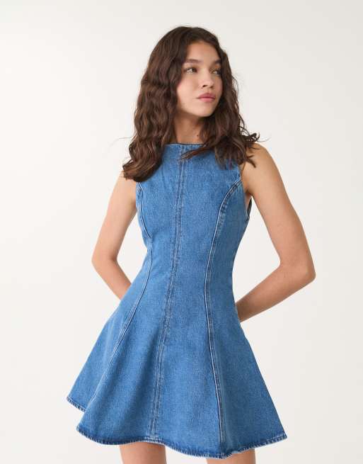 Stradivarius denim mini dress in mid blue