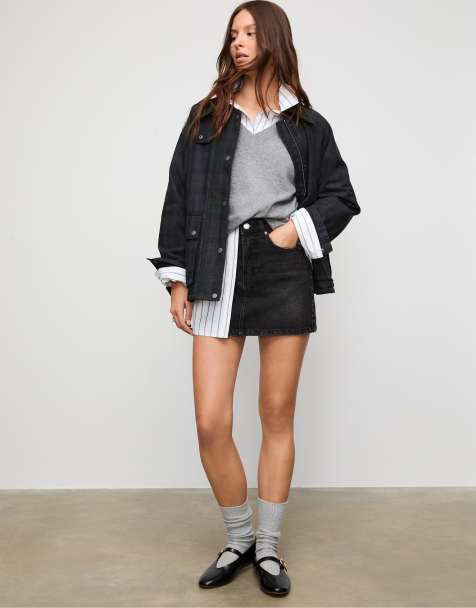 Stradivarius denim mini skirt in washed black - view 1