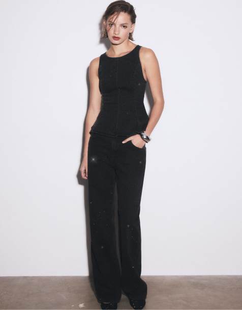 Stradivarius Denim peplum top with rhinestones in black - view 1