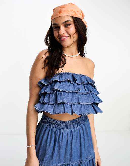 Ruffle store denim top