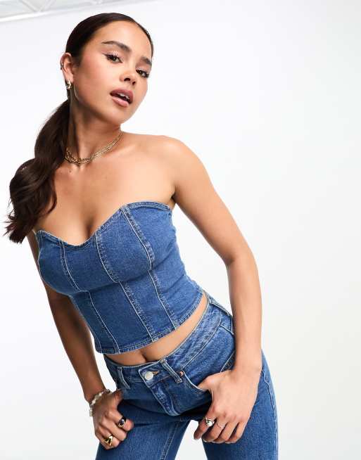 Stradivarius – Denim-Schlauchoberteil in Mittelblau 