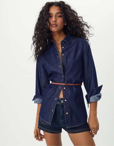 Stradivarius Denim shirt with belt in overdyed blue denim - view 1