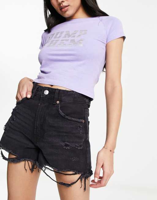 Stradivarius - Denim short met scheuren in zwart