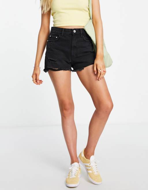 Stradivarius denim short with frayed hem in washed black