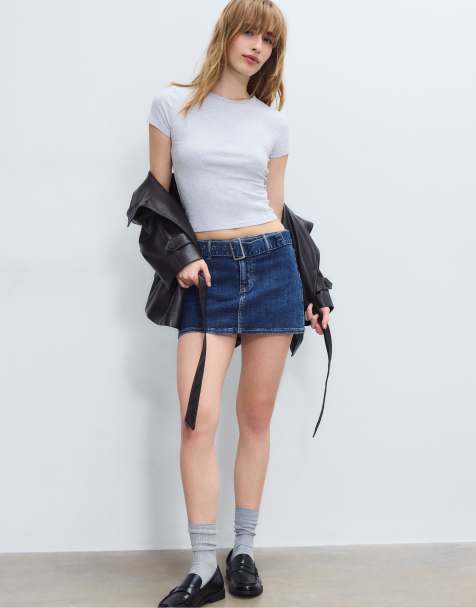 Stradivarius - Denim skort met riem in medium denim wassing - view 1