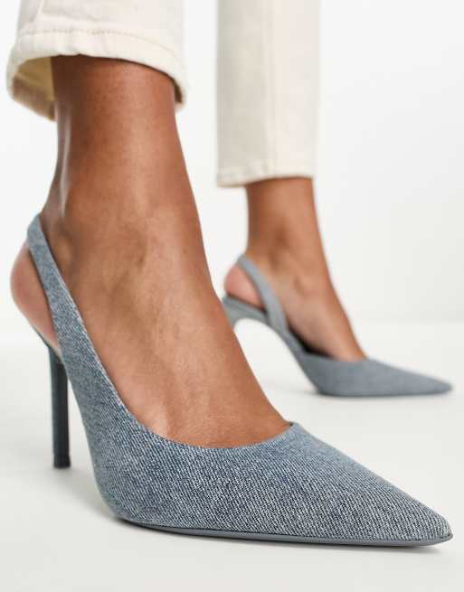 Stradivarius - Denim slingback schoenen met hak in blauw, 3 van 4