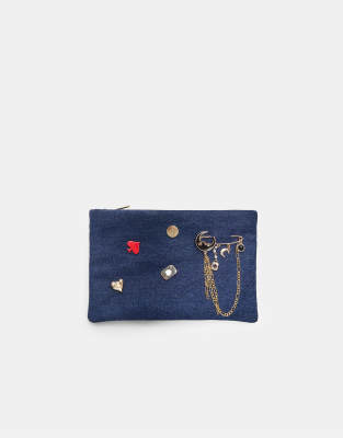  Denim toiletry bag with multiple badges in medium blue denim