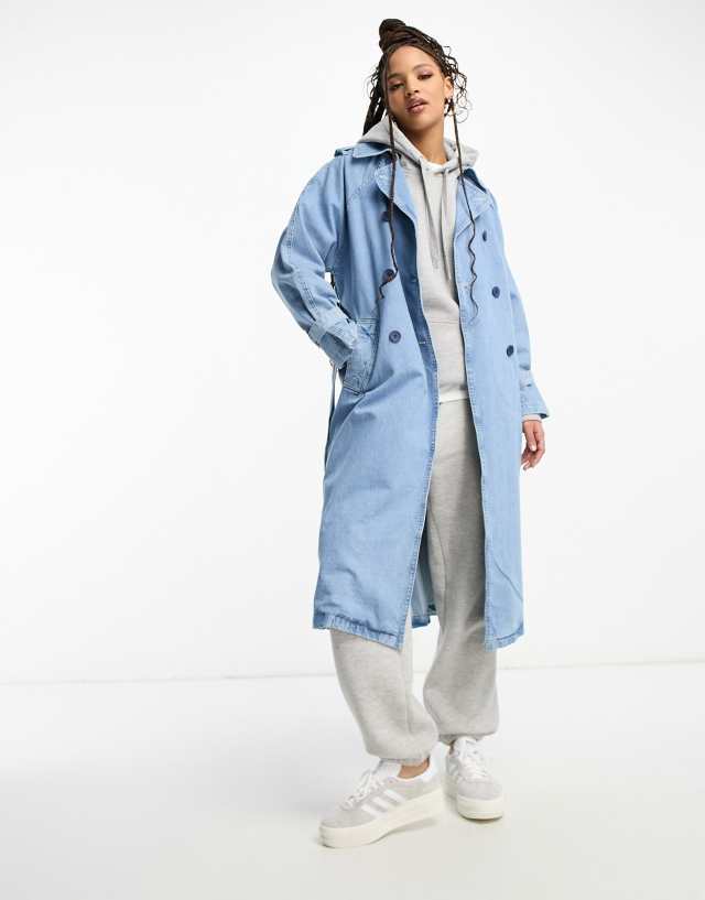 Stradivarius denim trench coat in medium blue