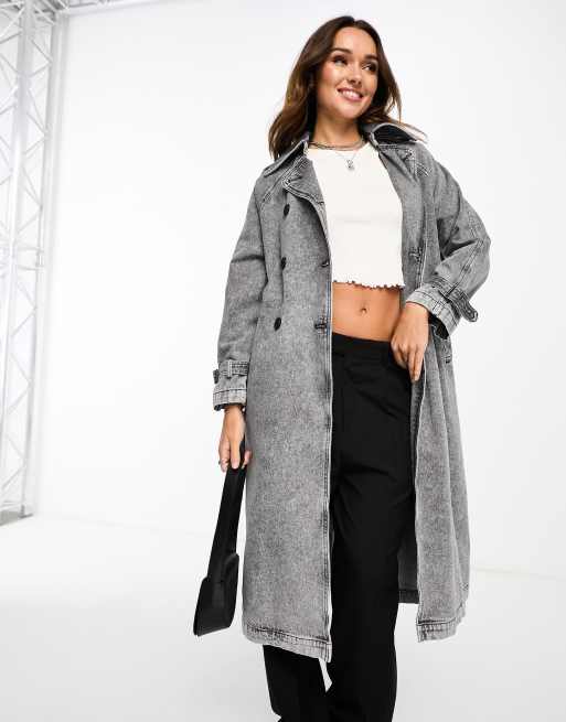 Stradivarius - Denim trenchcoat in zwart met wassing 