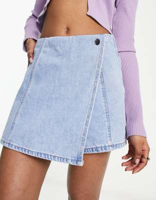 denim wrap skort in light blue