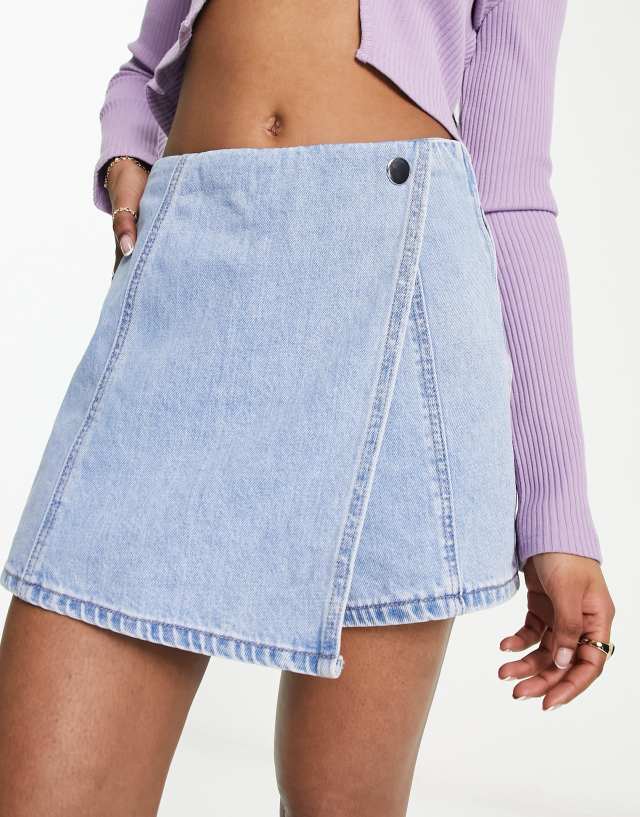 Stradivarius denim wrap skort in light blue