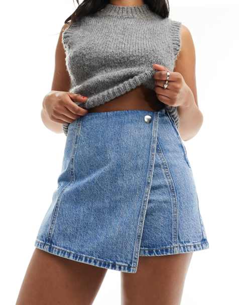 Summer Denim Mini Skirts for Women Fashion Pleated Ruffle Flare Skirt with  Pockets Sexy Mid Waist Button Short Jean Skirt : : Clothing, Shoes