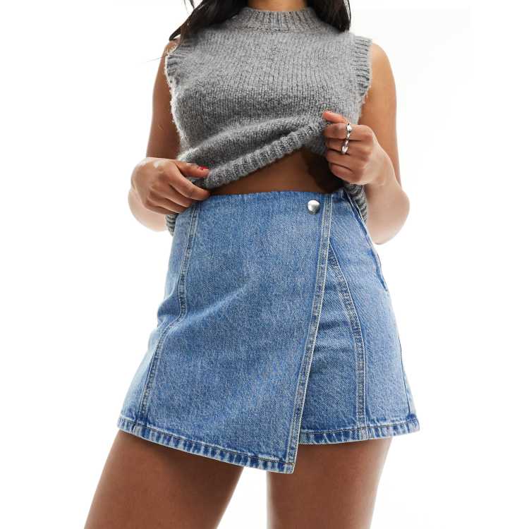 Stradivarius denim wrap skort in medium wash ASOS