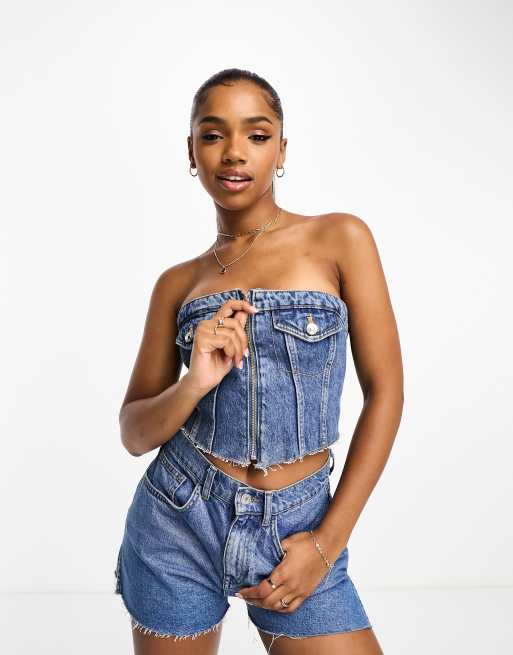 Stradivarius denim zip through corset top in medium blue | ASOS