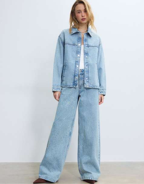 Stradivarius - Denimsæt med rhinsten i mellem-lyseblå vask - view 1