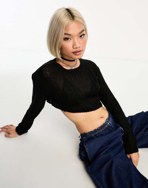 Stradivarius destroyed knit crop sweater in black 