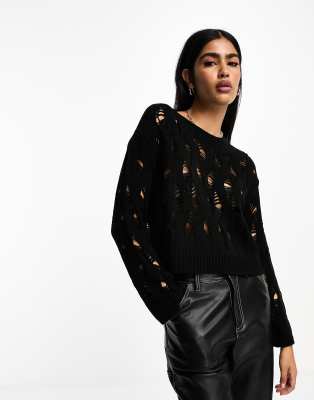 Stradivarius destroyed open knit jumper in black