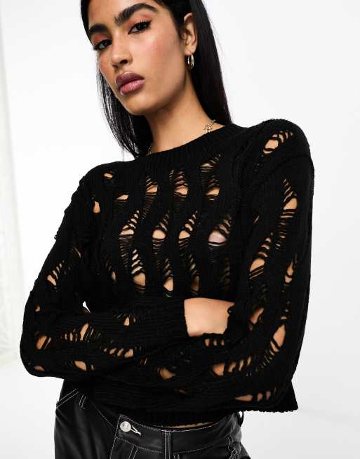 Black open knit jumper deals
