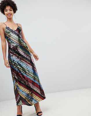 Stradivarius diagonal sequin cami dress in midi-Multi