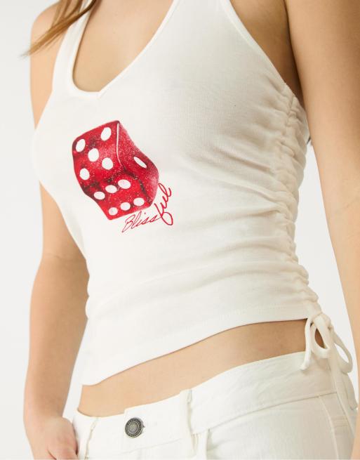 Stradivarius dice print halter top in white, 2 of 4
