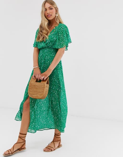 Stradivarius ditsy floral maxi with front split in green ASOS