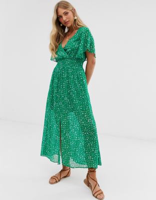 Stradivarius ditsy floral maxi with front split in green | ASOS