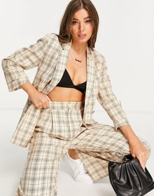 Stradivarius double breasted blazer co-ord in beige check