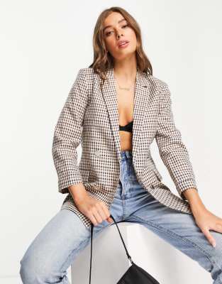 Stradivarius double breasted blazer in brown check