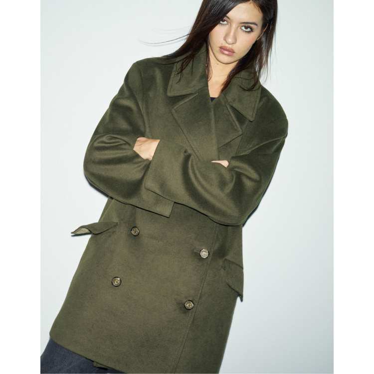 Stradivarius Double-breasted coat in olive green | ASOS