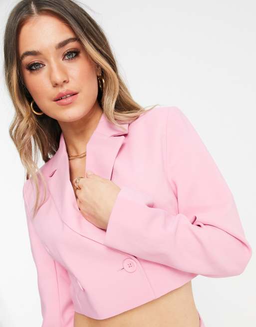 Stradivarius - Double-breasted cropped blazer van polyester in roze, deel van co-ord set - PINK, 3 van 4