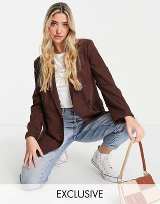 Stradivarius double breasted dad blazer in chocolate