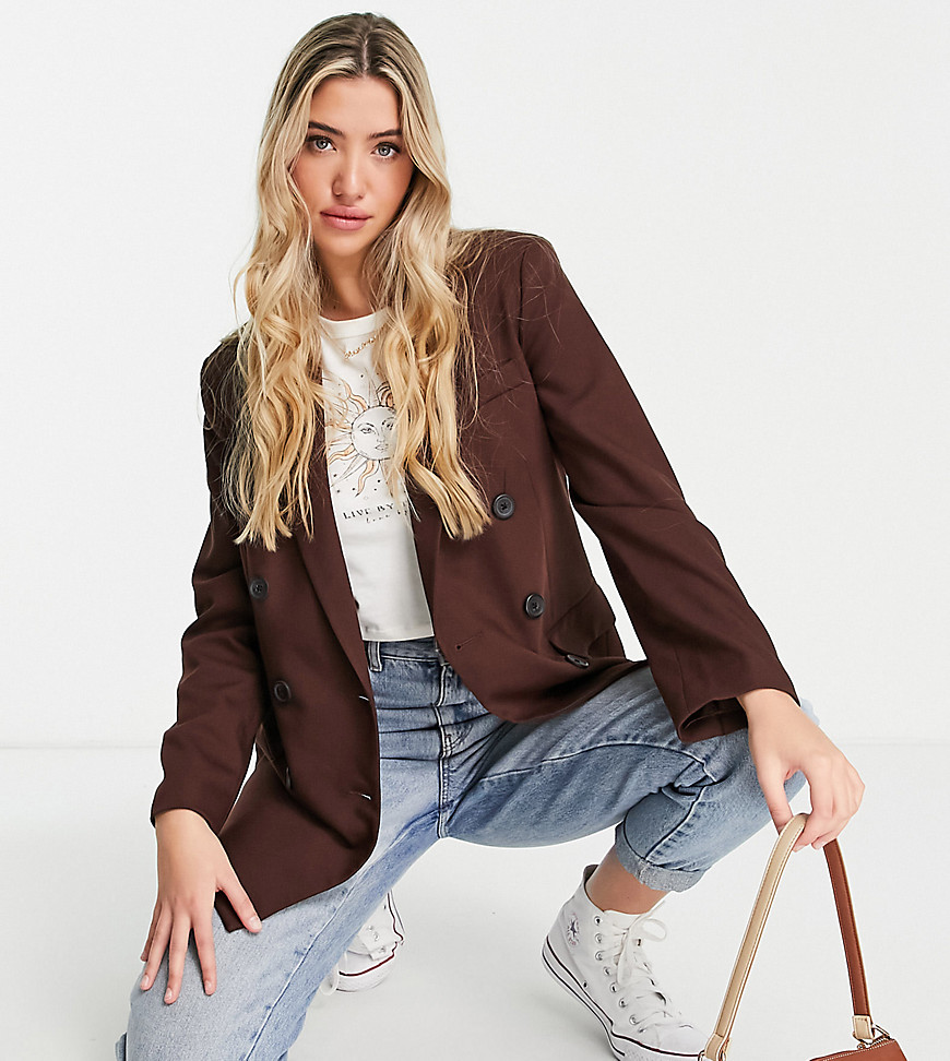 Stradivarius double breasted dad blazer in chocolate-Brown