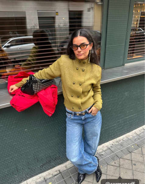 Stradivarius Double-breasted funnel neck knit jumper in olive green - view 1