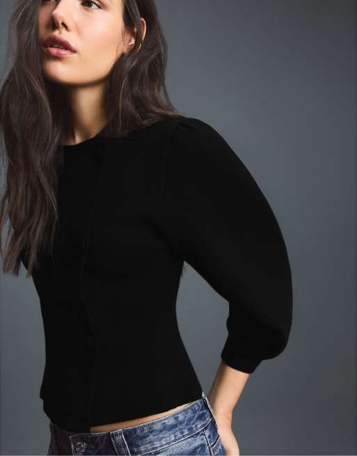 Stradivarius Double-breasted knit cardigan in black, 2 of 7