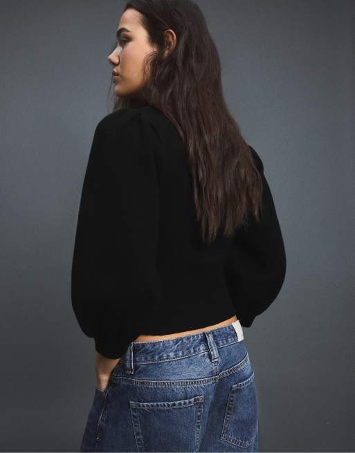 Stradivarius Double-breasted knit cardigan in black, 3 of 7