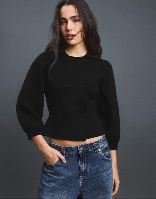 Stradivarius Double-breasted knit cardigan in black, 5 of 7